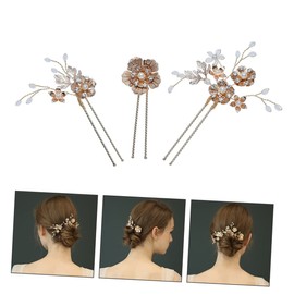 LALAFINA 3pcs Hairpin Pearl Bride Crystal u Shape Hair Fork U- Shaped Hair Crystal Hair Pin Women's Hair Clips U-shaped Hair Stick Zinc Alloy Girl Miss Flowers