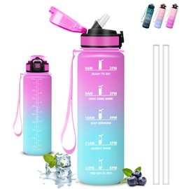 Trinkflasche, Trinkflasche 1l, Wasserflasche mit Strohhalm, Auslaufsicher, Wasserflasche Sport, Mit Sicherheitsverschluss, Flasche mit Zeitmarkierung, Flasche für Wandern, Sport, Camping, Reisen