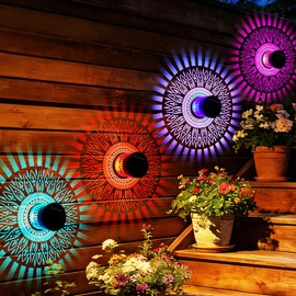 Jearytop 4pack Retro Solar Table Lantern Outdoor Waterproof Wall Light, 6 Color Changing Hollow Out Metal Garden Decor Step Lamp, Solar Powered Patio Porch Tabletop Decorations for Yard Pool Stairs