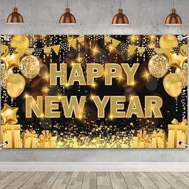 Happy New Year Decorations 2025, 71 * 44IN Happy New Year Banner 2025 Happy New Year Backdrop Party Supplies for Black and Gold New Years Eve Party Decorations 2025