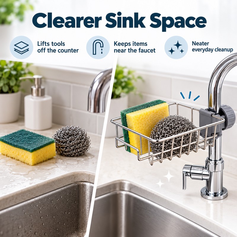 Kitchen Sink Faucet Organizer with Sponge Holder, Drain Rack and