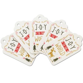 LWR CRAFTS 100 Hang Tags Scalloped Top with Cotton Strings 66ft for Holiday (Joy to The World)