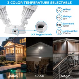LEONLITE 3CCT Dusk to Dawn LED Security Lights, Adjustable Dual-Head Flood Light Outdoor with Photocell, 3000K/4000K/5000K Selectable, 25W(200W Equiv.), Wet Location, Aluminum, ETL Listed, White
