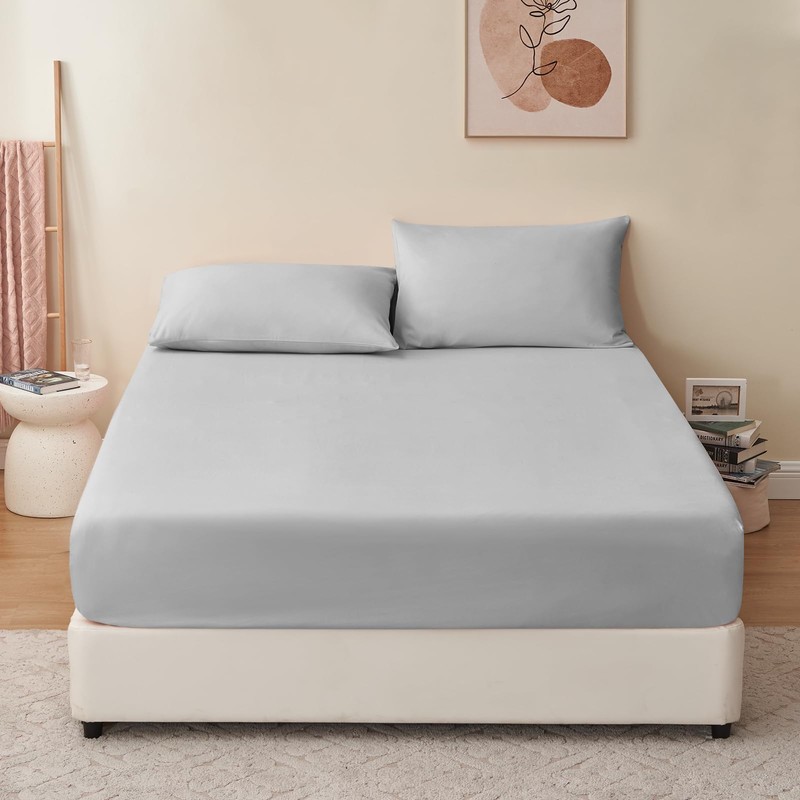 RUIKASI Superking Fitted Sheet Deep - Light Grey Bottom Sheet