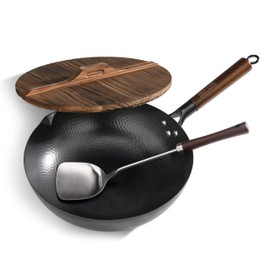 New Star Foodservice 1029154 Hand Hammered Carbon Steel, Non-Stick Wok Carbon Steel, Includes 12.7" Round Bottom, Wooden Lid, and Spatula (Hand Wash Recommended)