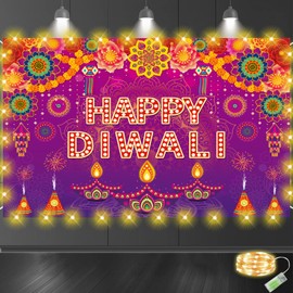 Happy Diwali LED Light Backdrop Banner Decorations, Indian Diwali Backdrop Banner Deepawali Festival of Lights LED Light Banner Decorations