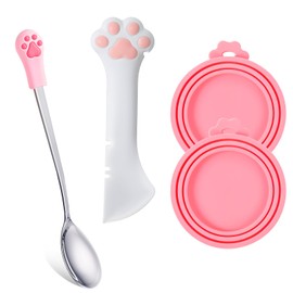 Qianyu 4 Pcs Cute Paw Shape Opener Spatula Pet Food Can Spoon & Lids Stainless Steel Wet/Dry Food Scoop Universal Silicone Can Covers Multi-Function Cat Food Can Opener Paw for Dog Cat