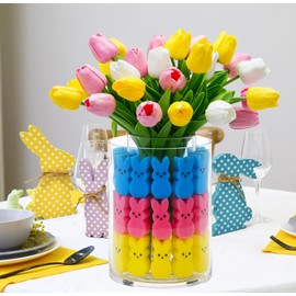 GOOLAMA Easter Bunny Table Decorations - Easter Peeps Decor - Artificial Tulips with Bunnies Vase Filler Set, Happy Easter Rabbit Centerpieces Spring Home Decorations for Tables(Vase Not Included)