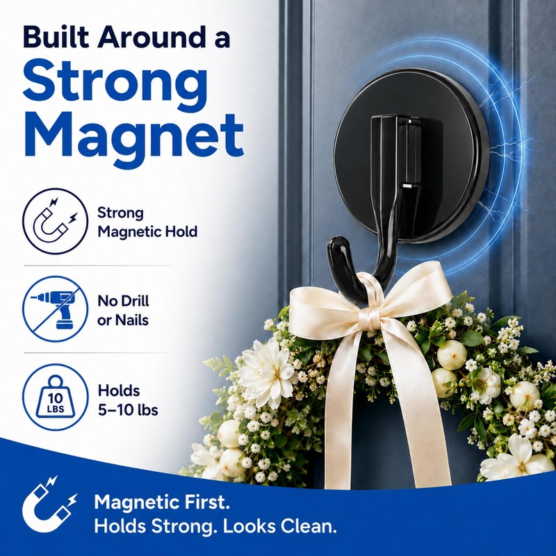Wreath Hangers for Front Door Magnetic Hooks, Reusable Holder, Black