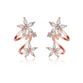 Flower Fairy Rose Gold Plated CZ Ear Cuff Wrap Stud Earrings for Women Girls Cartilage Fashion Crawler Climber Cubic Zirconia Clip Hypoallergenic