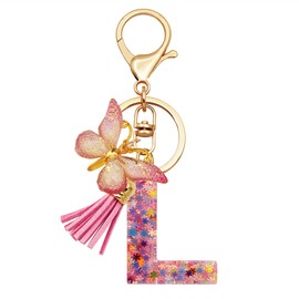 TTYY Initial Letter Keychain for Women Gift for Young Teenage Girl Gifts for Christmas to Mom Daughter Pink tassel (pink snow LetterL)