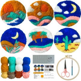 Qbunopn Punch Needle Coaster kit-7 Landscapes Patterns Punch Needle Embroidery Craft Kit,Embroidery kit,DIY Felting Coaster for Adults Beginners with Patterns, Tools, Yarns, Hoop, Instruction