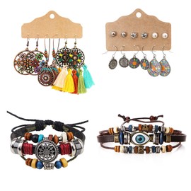 Aroncent 20 Pieces Jewellery Set for Women Girls Vintage Bohemian Earrings with Circles Water Drops Tassels Turquoise, Sun Moon Necklace, Turquoise Ring (9 Pairs of Earrings + 2 Bracelets), Gemstone