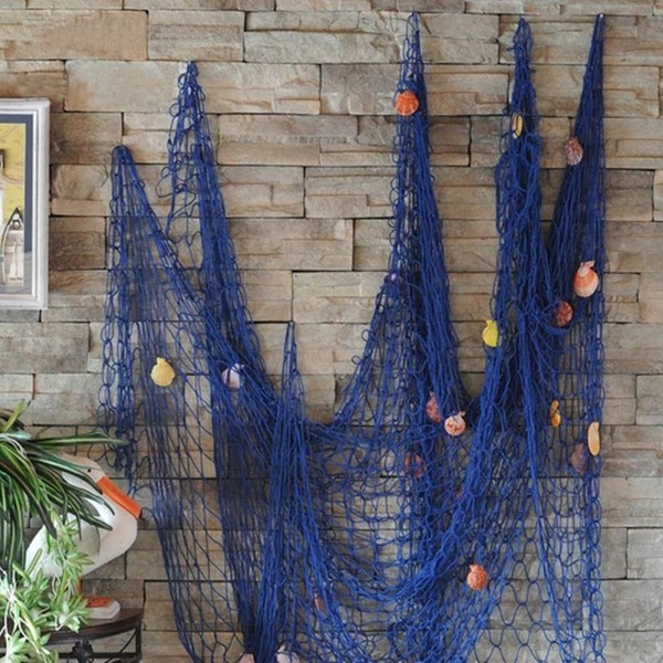 RUICK Fishing Net Decorations Seaside Beach Shell Party Door Wall Decor Mediterranean Sea style Wall Stickers Nautical Sticker Crafts Background Wall Hangings (Blue with shell)