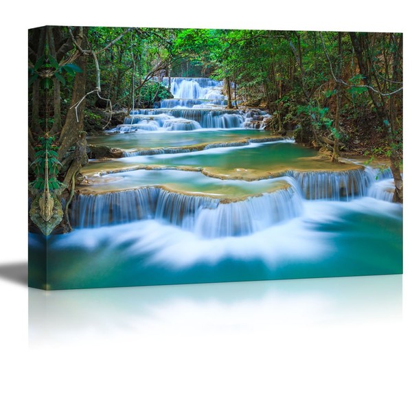 wall26 Canvas Print Wall Art Cascading Forest Waterfall Landscape Nature Wilderness Photography Modern Art Rustic Scenic Colorful Multicolor for Living Room, Bedroom, Office - 24"x36"