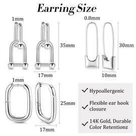 PATISORNA 3 Pairs Gold Hoop Earrings for Women 14k Gold Plated U Shape Pin Chunky Earring Link Earrings Paperclip Link Chain Earrings Drop Dangle Earrings Set
