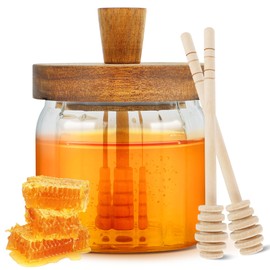 Loscarol Honey Pot with Dipper and Lid - 12 oz Glass Honey Jar with Wooden Honey Dippers Stick Set, Elegant Wave Shaped Wide Mouth Honey Containers - Syrup Dispenser for Home Kitchen