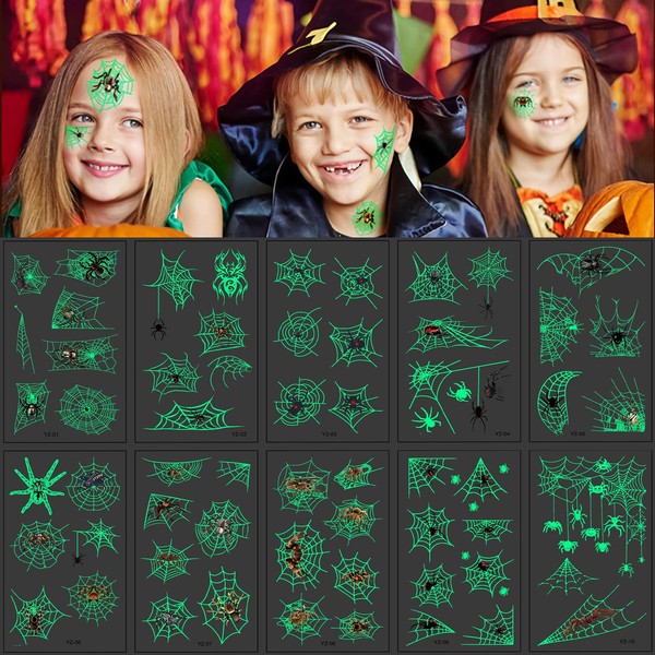 Adisno 10 Sheets Halloween Temporary Tattoos, Waterproof, Spider Tattoo, Luminous Stickers, Glow in the Dark Horror Children's Tattoo for Masquerade, Carnival, Party, Punk Gift