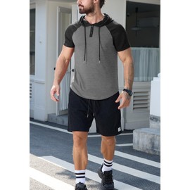 KUYIGO Mens Short Sleeve Hoodies Casual Athletic Workout Fashion Pullover Hooded Sweatshirt with Drawstring LightGray/DarkGray (L)