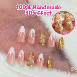 White French tips Press on Nails Medium Almond Fake Nails with Gold Rose Charms Design Rhinestone Star Glue on Nails Reusable Foil Nails Glossy Nude False Nails for Women Girls Manicure 24pcs