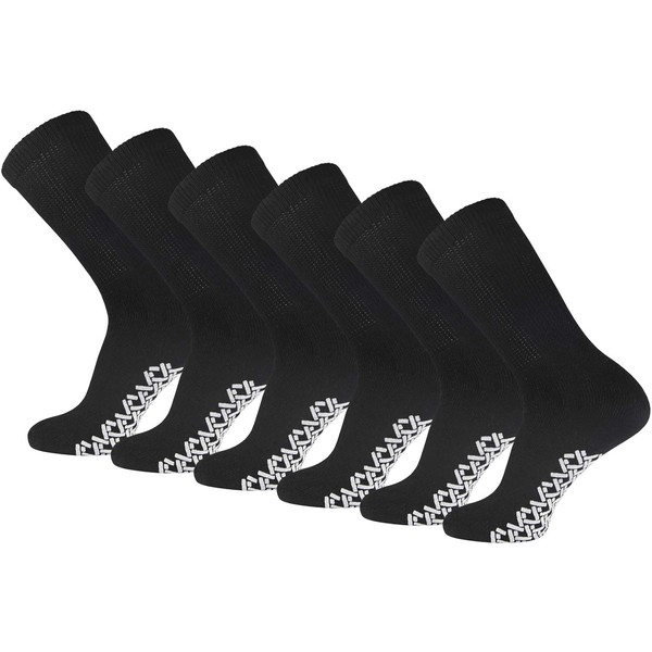 6 Pairs of Non-Skid Diabetic Crew Socks, Non Binding Top Therapeutic Cotton Gripper Socks (Black, Size: 10-13)