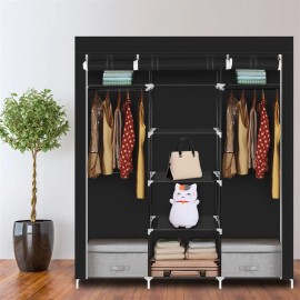 Portable Double Rod Storage Organizer 69\" Non-Woven Fabric Closet Wardrobe in Black by Blackcolor: as pic