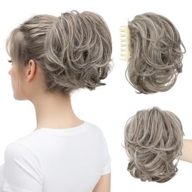 Extensiones De Cabello Con Pinza Para Coleta Corta, Moño Despeinado, Mechones Flexibles, Ondas Suaves, Rizados, Sintéticos, Versátiles, Color Gris