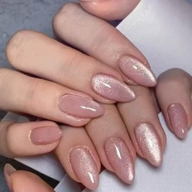 Hkanlre Almond Fake Nude Nails Tips Full Cover False Medium Nails Summer Flower Press on Nails for Women 24PCS