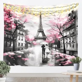 meiyoeat Eiffel Tower Tapestry Large 59"x82" Kids Pink Black Paris Wall Hanging Blanket Boys Girls Couple Lover Wall ArtPink Flower Romantic Lightweight