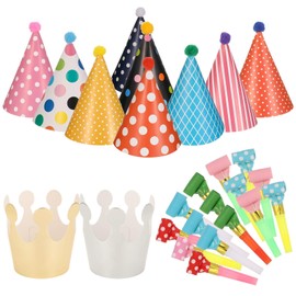 Xinstroe Funny Party Hats - 9 Pieces Hats for Birthday Parties, Cone Hat with Pon-Pon, 2 Pieces Paper Hat Crown for Kids