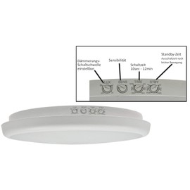 ChiliTec LED Ceiling Light with Motion Sensor 26 cm IP54 Indoor Outdoor Presence Sensor Twilight Sensor 16 W 1500 lm 40 mm Flat Round Wet Room Light HF Radar Sensor 4000 K White