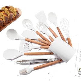 BRIIEC 12pcs Wooden Handle Silicone Kitchen Utensils Set, Non-Stick Silicone Cooking Utensils, White Spatula Set, Turner Spoon, Brush Whisk, Gadgets Tools for Cookware Baking