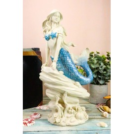 Ebros Ocean Aqua Blue Tailed Mermaid Sitting On Sea Rock Figurine 11.5"H