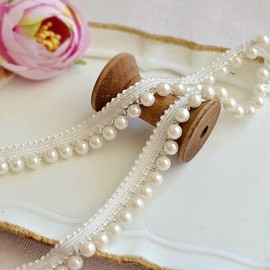 3 Yards Vintage Pearl Lace Edge Trim Ribbon Pearl Beaded Edge Fabric Embroidered Applique Pearl Lace Edging Trimmings (6mm)