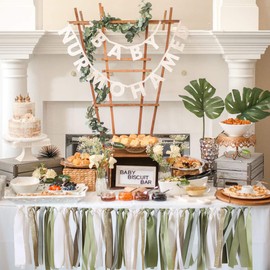 Olive Green Birthday Background Banner - Gender-neutral baby baptism, woodland first birthday decoration, ivory, gold ribbon garland decoration and birthday decoration, photo booth photo props. (Sage)