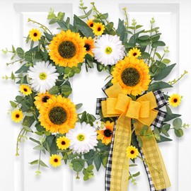 WHGJ Summer Wreath for Front Door, 20 Inch Artificial Wreaths with Yellow/White Sunflower and Burlap Plaid Bow, Spring Summer Décor for Wall Window Home Decorations Farmhouse Outdoor Indoor