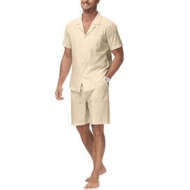YAOHUOLE Mens Beach Clothes Linen Sets Men Outfits 2 Piece Short Set Men Beach Shirts Mens Matching Set Khaki M