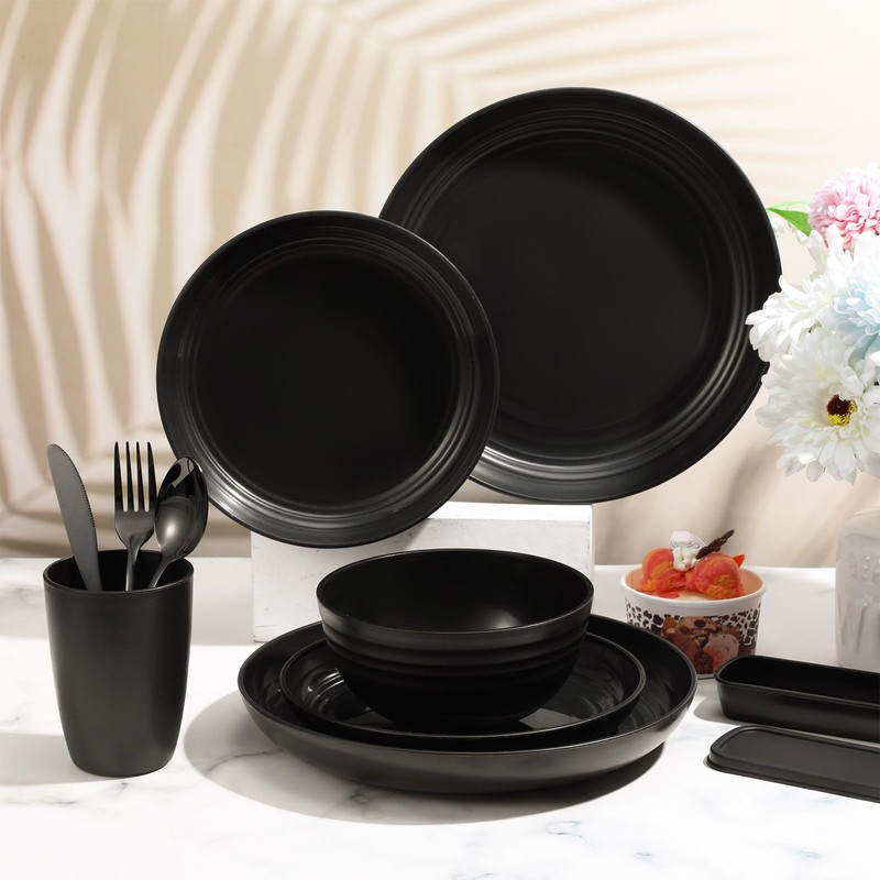 Pinkunn 64 Pcs Wheat Straw Dinnerware Sets with Stainless Steel