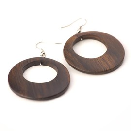 81stgeneration Large Wood 925 Sterling Silver Hoop Earrings for Women 45 mm - Handmade Earrings with Brown Wooden Discs - Natural Drop Earrings - 60s Accessories - Mod Statement Earrings