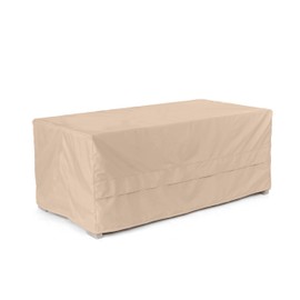 Ultima Deck Box Cover – Heavy-Duty 600D Polyester with Rot-Resistant Double-Stitched Seams, Auto-Locking Drawcord, Mesh Vent & Buckle Straps for Outdoor Protection, 84W x 38D x 35H, Ripstop Tan