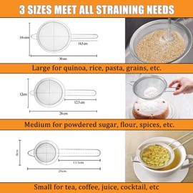 Kitchen Sieve Set of 3 Fine Mesh Sieves 8/12/16 cm Household Sieve Stainless Steel with 5 Hooks - with Reinforced Handle Created for Baking, Frying, Pasta, Flour, Juice (Silver)