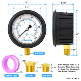 MEANLIN MEASURE 0~100Psi Stainless Steel 1/4" NPT 2.5" FACE DIAL Liquid Filled Pressure Gauge, Lower Mount (with Rubber Protective Sleeve), with 1/2" NPT and 3/8" NPT Hex Bushing