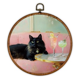 iEFEY Black Cat Wall Decor, Cute Pink Quirky Cocktail Martini Hanging Framed Canvas Wall Art, Trendy Eclectic Black Cat Decorations for Bar Dorm Home Living Room 10"x10"