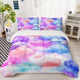 Nttopship Pink Clouds Comforter Set Queen Size for Boys Girls Pink Blue Cloud Sky 3D Digital Printing，Sherpa Fleece-Backing Premium，Winter Lightweight Soft Microfiber Bedding with 2 Pillow Shams