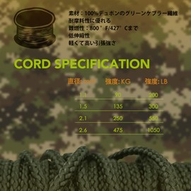 emma kites 100% Blade Kevlar Line Cord Camo Green Camouflage Color 10M x 475kg / 1050lb Size Abrasion Resistant High Strength Paracord Tent Line Use Camping Fishing Survival Outdoor Sports General Purpose Accessory Cord