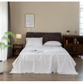 EVERLY Linen Sheets Set Full Size,100% French Stonewash Pure Linen Bed Sheets,4Pieces (1Flat Sheet,1Fitted Sheet,2Pillowcase) Suitable for Hot Sleepers,Deep Pocket Natural Bedding Set-White