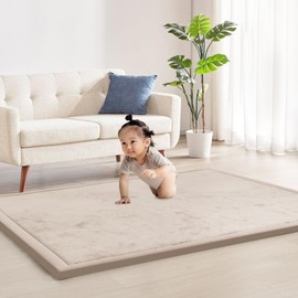 ACOMOPACK Baby Play Mat for Floor 1.3" Thick Memory Foam Play Mat 79"×118" Tummy Time Mat Playpen Mat with Non-Slip Bottom for Living Room,Nursery,Soft Velvet Crawling Mat for Kids,Infants（Beige）