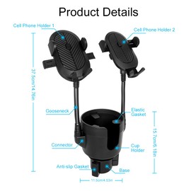 JINKEY Dual Cup Phone Holder for Car, 360°Rotatable Car Phone Mount Adjustable Gooseneck Cell Phone Cup Holder Universal Fits for Most 4"-6.7" i-Phone Cell Phone Automobile Cradles