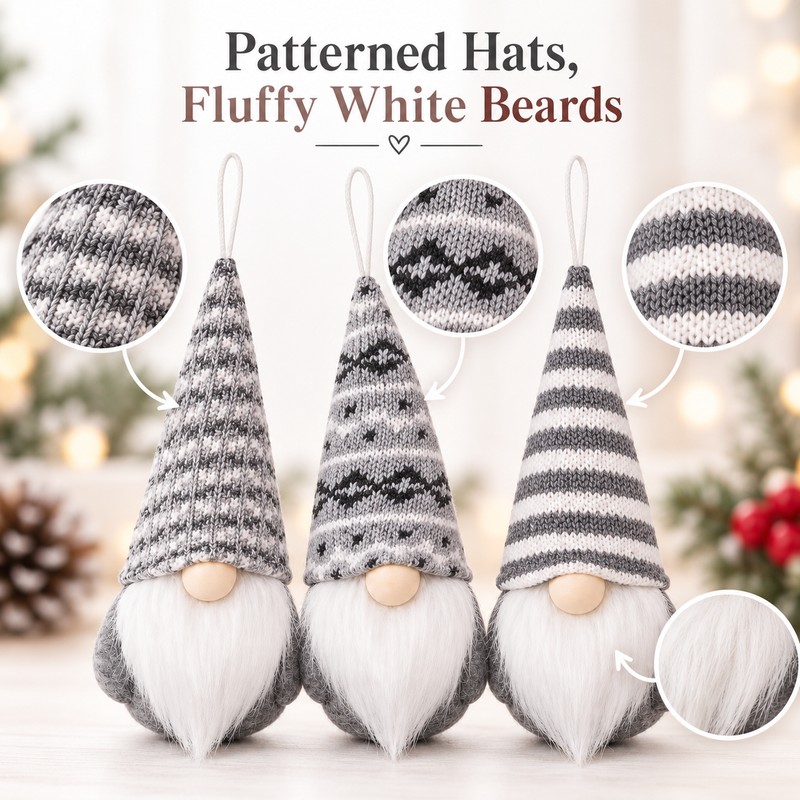 Christmas Gnome Hanging Ornaments - 3-Piece Gray Set with Patterned