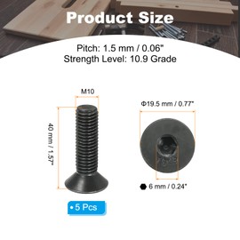 PATIKIL M10 x 40 mm Flat Head Socket Cap Screws, 5 Pack Flat Countersunk Bolts Medium Carbon Steel Hex Socket Drive Machine Screws Full Thread Black Oxide Grade 10.9
